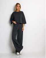 Σετ φούτερ αχνούδιαστο κοντομάνικο & παντελόνι ψηλόμεσο ανθρακί