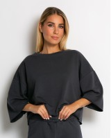 Σετ φούτερ αχνούδιαστο κοντομάνικο & παντελόνι ψηλόμεσο ανθρακί