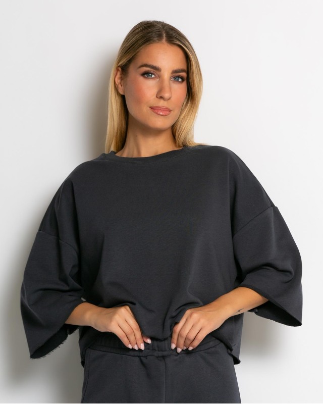 Σετ φούτερ αχνούδιαστο κοντομάνικο & παντελόνι ψηλόμεσο ανθρακί