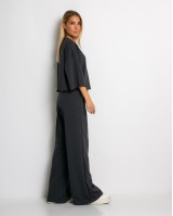 Σετ φούτερ αχνούδιαστο κοντομάνικο & παντελόνι ψηλόμεσο ανθρακί