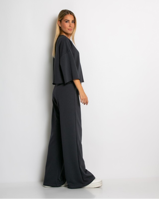 Σετ φούτερ αχνούδιαστο κοντομάνικο & παντελόνι ψηλόμεσο ανθρακί