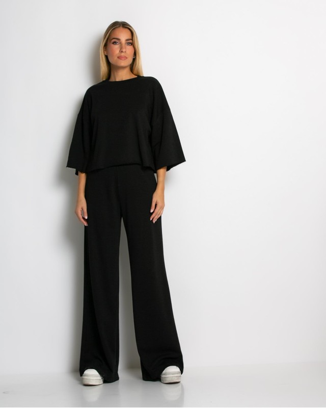 Σετ φούτερ αχνούδιαστο κοντομάνικο & παντελόνι ψηλόμεσο μαύρο