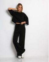 Σετ φούτερ αχνούδιαστο κοντομάνικο & παντελόνι ψηλόμεσο μαύρο