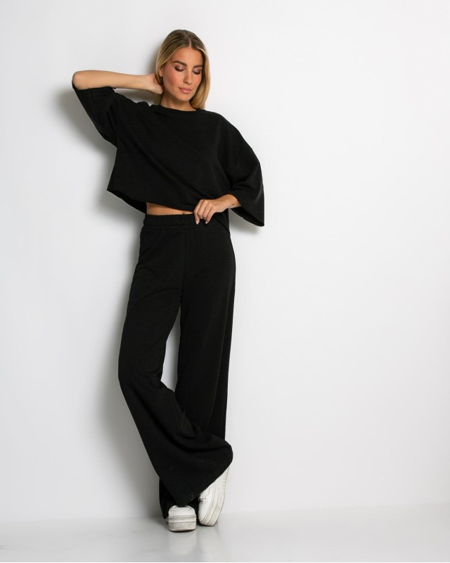 Σετ φούτερ αχνούδιαστο κοντομάνικο & παντελόνι ψηλόμεσο μαύρο