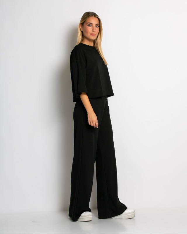 Σετ φούτερ αχνούδιαστο κοντομάνικο & παντελόνι ψηλόμεσο μαύρο