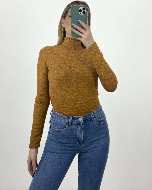 Μπλούζα στενή μακριμάνικη με ζιβάγκο πορτοκαλί