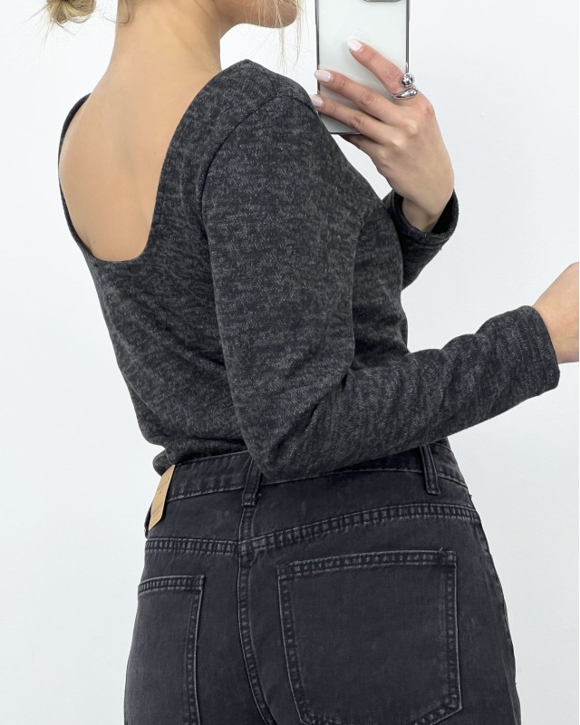 Μπλούζα μακρυμάνικη με χαμηλή πλάτη ανθρακί