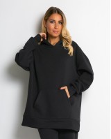 Σετ φούτερ χνούδι μπλούζα oversized με κουκούλα και τσέπη - Παντελόνι ψηλόμεσο barel με λάστιχο στην μέση ανθρακί