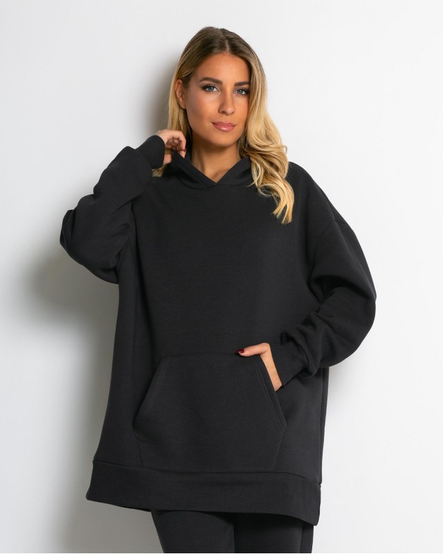Σετ φούτερ χνούδι μπλούζα oversized με κουκούλα και τσέπη - Παντελόνι ψηλόμεσο barel με λάστιχο στην μέση ανθρακί