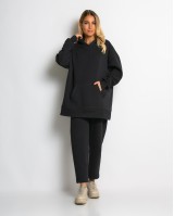 Σετ φούτερ χνούδι μπλούζα oversized με κουκούλα και τσέπη - Παντελόνι ψηλόμεσο barel με λάστιχο στην μέση ανθρακί