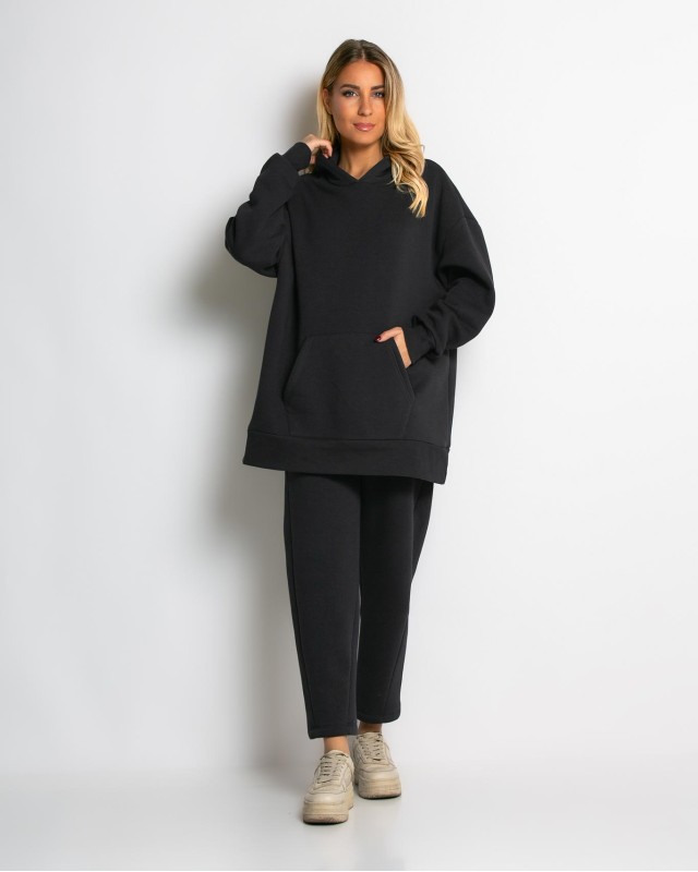 Σετ φούτερ χνούδι μπλούζα oversized με κουκούλα και τσέπη - Παντελόνι ψηλόμεσο barel με λάστιχο στην μέση ανθρακί
