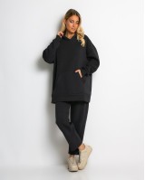 Σετ φούτερ χνούδι μπλούζα oversized με κουκούλα και τσέπη - Παντελόνι ψηλόμεσο barel με λάστιχο στην μέση ανθρακί