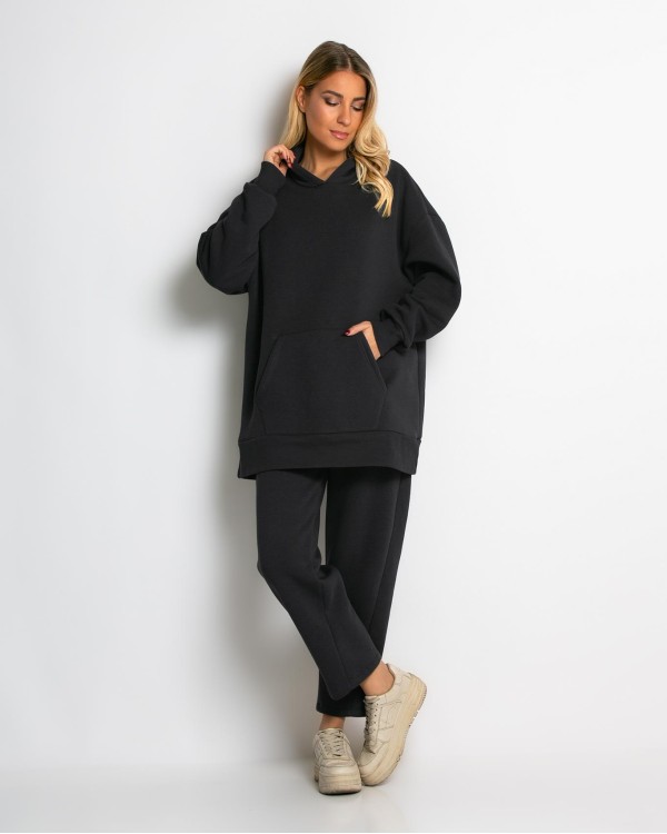 Σετ φούτερ χνούδι μπλούζα oversized με κουκούλα και τσέπη - Παντελόνι ψηλόμεσο barel με λάστιχο στην μέση γκρι μελανζέ