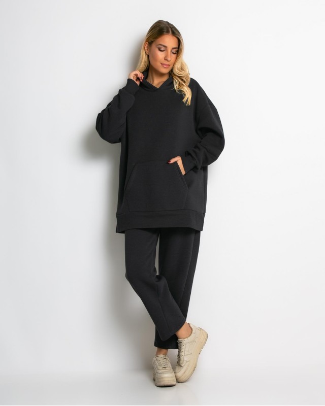 Σετ φούτερ χνούδι μπλούζα oversized με κουκούλα και τσέπη - Παντελόνι ψηλόμεσο barel με λάστιχο στην μέση ανθρακί
