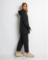 Σετ φούτερ χνούδι μπλούζα oversized με κουκούλα και τσέπη - Παντελόνι ψηλόμεσο barel με λάστιχο στην μέση ανθρακί