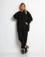 Σετ φούτερ χνούδι μπλούζα oversized με κουκούλα και τσέπη - Παντελόνι ψηλόμεσο barel με λάστιχο στην μέση μαύρο