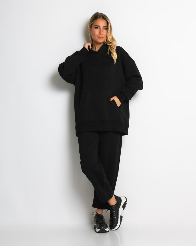Σετ φούτερ χνούδι μπλούζα oversized με κουκούλα και τσέπη - Παντελόνι ψηλόμεσο barel με λάστιχο στην μέση μαύρο