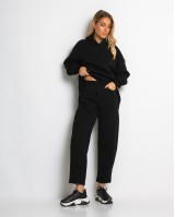 Σετ φούτερ χνούδι μπλούζα oversized με κουκούλα και τσέπη - Παντελόνι ψηλόμεσο barel με λάστιχο στην μέση μαύρο