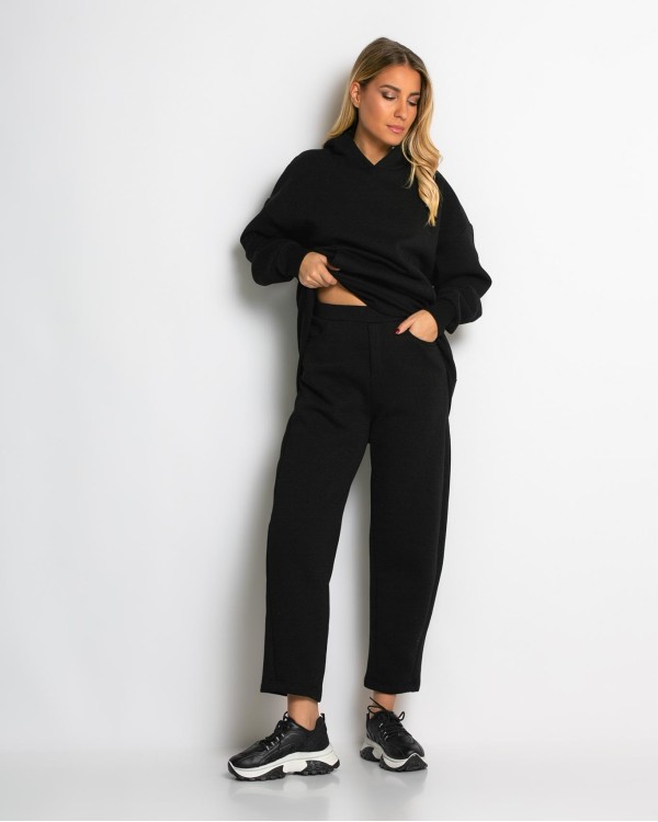 Σετ φούτερ χνούδι μπλούζα oversized με κουκούλα και τσέπη - Παντελόνι ψηλόμεσο barel με λάστιχο στην μέση γκρι μελανζέ