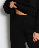 Σετ φούτερ χνούδι μπλούζα oversized με κουκούλα και τσέπη - Παντελόνι ψηλόμεσο barel με λάστιχο στην μέση μαύρο