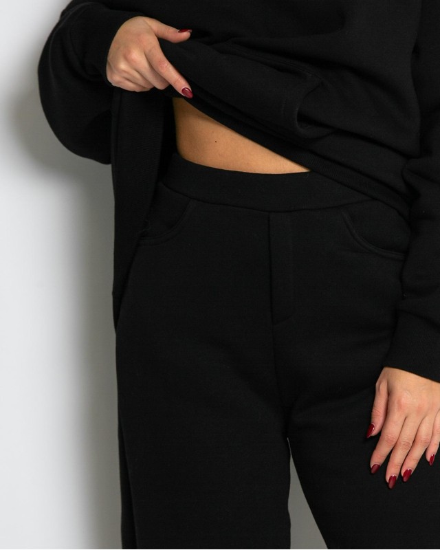 Σετ φούτερ χνούδι μπλούζα oversized με κουκούλα και τσέπη - Παντελόνι ψηλόμεσο barel με λάστιχο στην μέση μαύρο