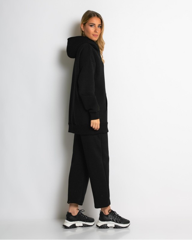 Σετ φούτερ χνούδι μπλούζα oversized με κουκούλα και τσέπη - Παντελόνι ψηλόμεσο barel με λάστιχο στην μέση μαύρο