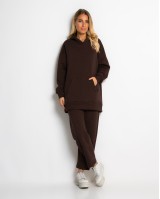 Σετ φούτερ χνούδι μπλούζα oversized με κουκούλα και τσέπη - Παντελόνι ψηλόμεσο barel με λάστιχο στην μέση καφέ