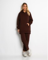 Σετ φούτερ χνούδι μπλούζα oversized με κουκούλα και τσέπη - Παντελόνι ψηλόμεσο barel με λάστιχο στην μέση βουργουνδί
