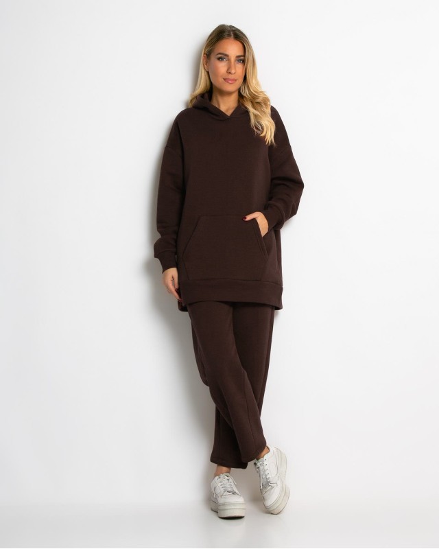 Σετ φούτερ χνούδι μπλούζα oversized με κουκούλα και τσέπη - Παντελόνι ψηλόμεσο barel με λάστιχο στην μέση καφέ