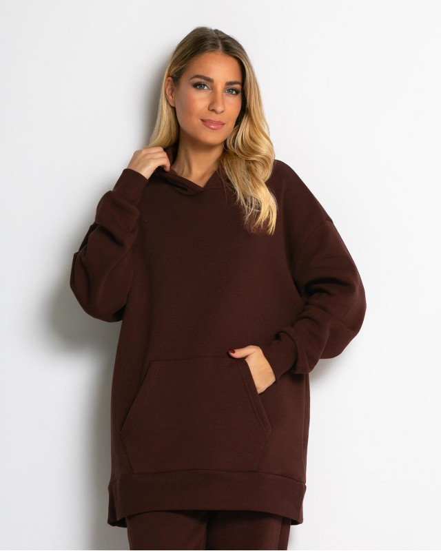 Σετ φούτερ χνούδι μπλούζα oversized με κουκούλα και τσέπη - Παντελόνι ψηλόμεσο barel με λάστιχο στην μέση βουργουνδί