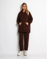 Σετ φούτερ χνούδι μπλούζα oversized με κουκούλα και τσέπη - Παντελόνι ψηλόμεσο barel με λάστιχο στην μέση βουργουνδί