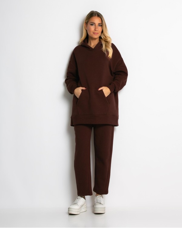 Σετ φούτερ χνούδι μπλούζα oversized με κουκούλα και τσέπη - Παντελόνι ψηλόμεσο barel με λάστιχο στην μέση γκρι μελανζέ