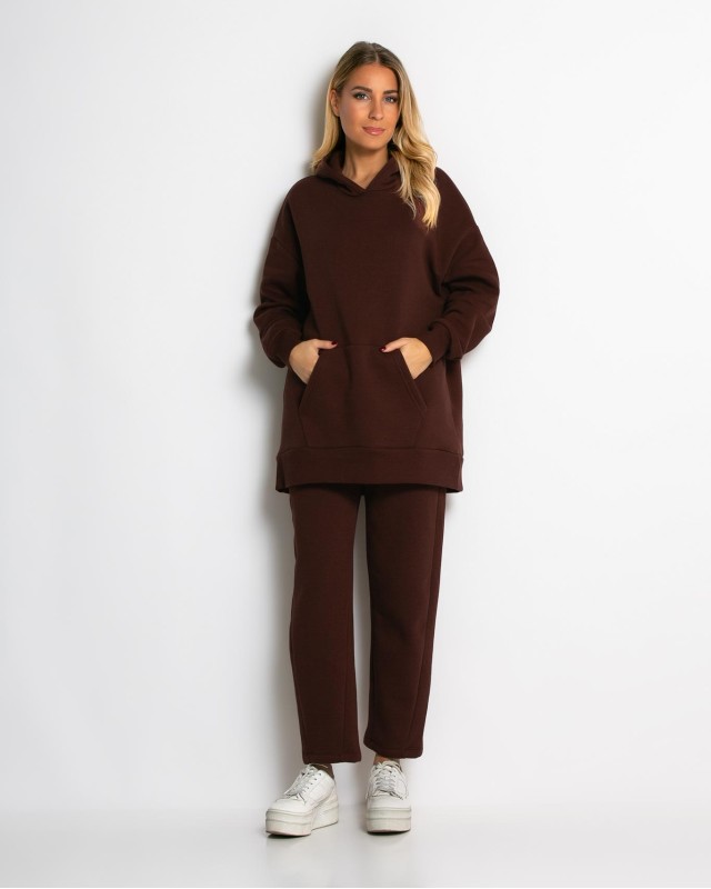 Σετ φούτερ χνούδι μπλούζα oversized με κουκούλα και τσέπη - Παντελόνι ψηλόμεσο barel με λάστιχο στην μέση βουργουνδί