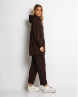 Σετ φούτερ χνούδι μπλούζα oversized με κουκούλα και τσέπη - Παντελόνι ψηλόμεσο barel με λάστιχο στην μέση καφέ