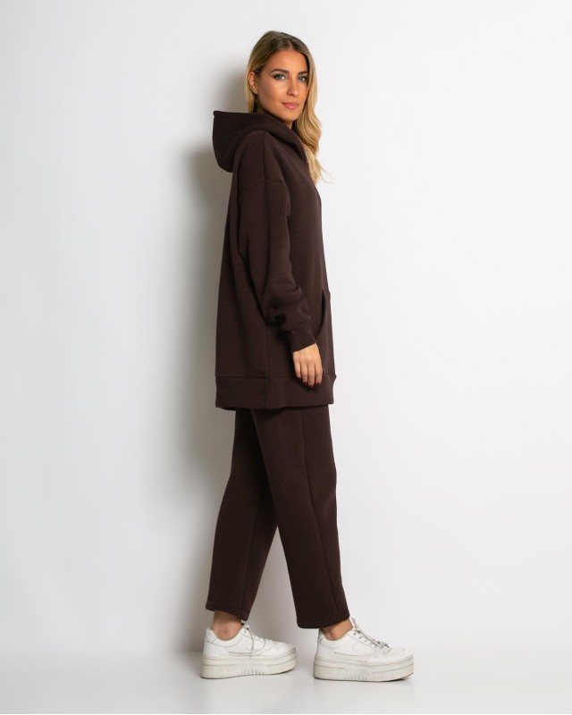 Σετ φούτερ χνούδι μπλούζα oversized με κουκούλα και τσέπη - Παντελόνι ψηλόμεσο barel με λάστιχο στην μέση καφέ