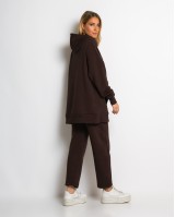 Σετ φούτερ χνούδι μπλούζα oversized με κουκούλα και τσέπη - Παντελόνι ψηλόμεσο barel με λάστιχο στην μέση καφέ
