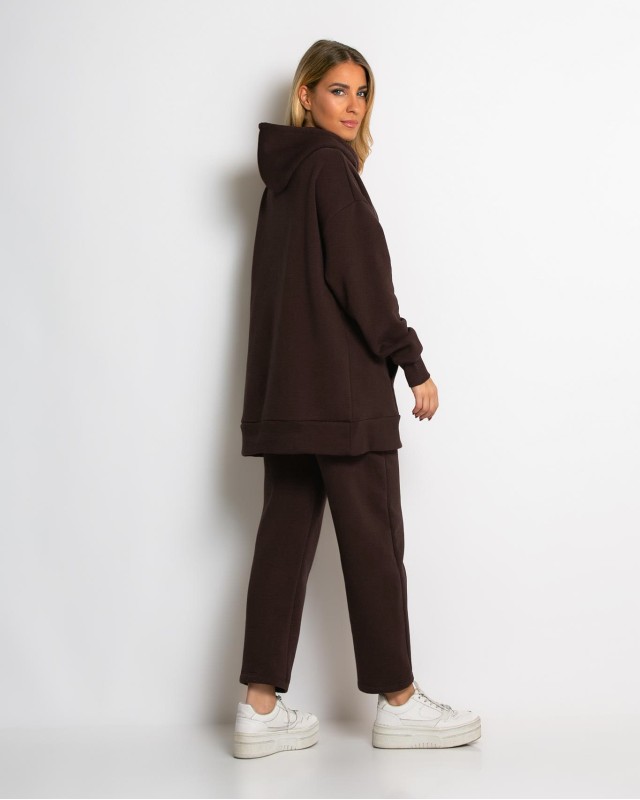 Σετ φούτερ χνούδι μπλούζα oversized με κουκούλα και τσέπη - Παντελόνι ψηλόμεσο barel με λάστιχο στην μέση καφέ