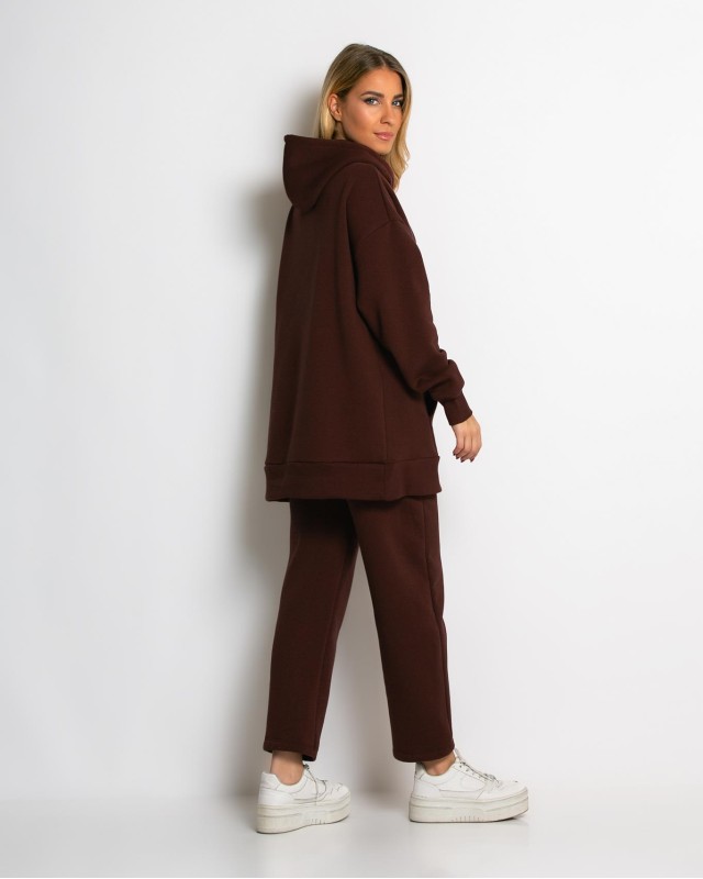 Σετ φούτερ χνούδι μπλούζα oversized με κουκούλα και τσέπη - Παντελόνι ψηλόμεσο barel με λάστιχο στην μέση βουργουνδί