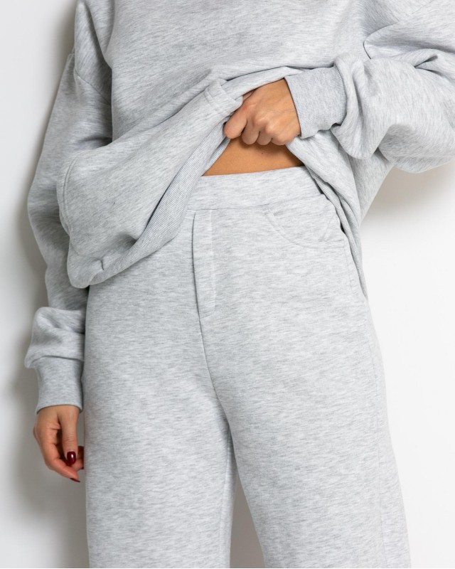 Σετ φούτερ χνούδι μπλούζα oversized με κουκούλα και τσέπη - Παντελόνι ψηλόμεσο barel με λάστιχο στην μέση γκρι μελανζέ