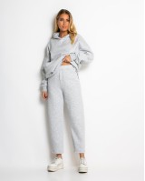 Σετ φούτερ χνούδι μπλούζα oversized με κουκούλα και τσέπη - Παντελόνι ψηλόμεσο barel με λάστιχο στην μέση γκρι μελανζέ