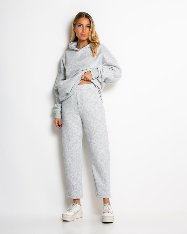 Σετ φούτερ χνούδι μπλούζα oversized με κουκούλα και τσέπη - Παντελόνι ψηλόμεσο barel με λάστιχο στην μέση γκρι μελανζέ