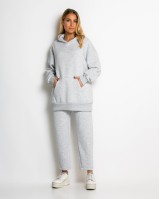 Σετ φούτερ χνούδι μπλούζα oversized με κουκούλα και τσέπη - Παντελόνι ψηλόμεσο barel με λάστιχο στην μέση γκρι μελανζέ