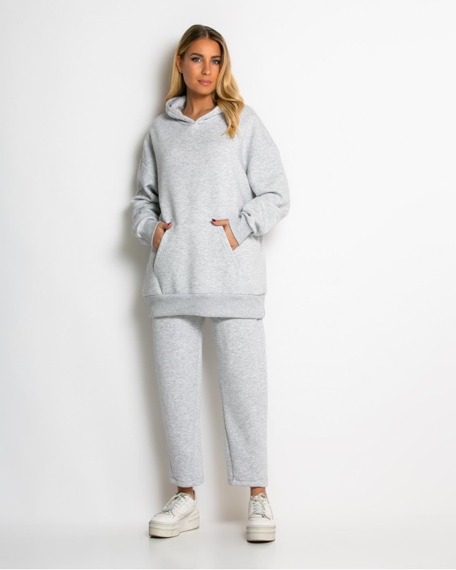Σετ φούτερ χνούδι μπλούζα oversized με κουκούλα και τσέπη - Παντελόνι ψηλόμεσο barel με λάστιχο στην μέση γκρι μελανζέ