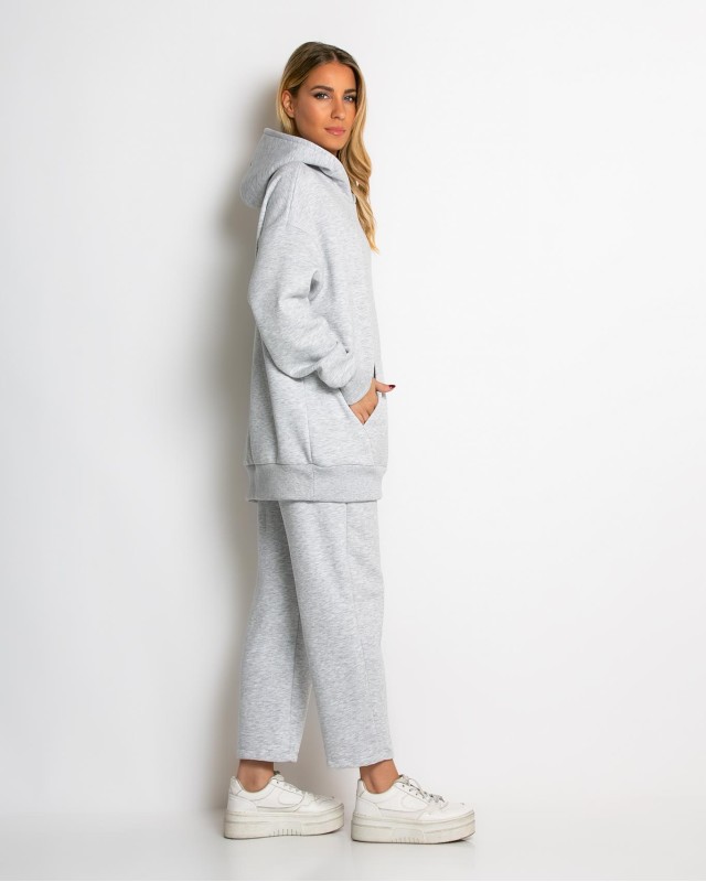 Σετ φούτερ χνούδι μπλούζα oversized με κουκούλα και τσέπη - Παντελόνι ψηλόμεσο barel με λάστιχο στην μέση γκρι μελανζέ