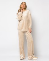 Σετ μπλούζα βελουτέ με εξωτερικές ραφές - παντελόνι βελουτέ ψηλόμεσο μπεζ