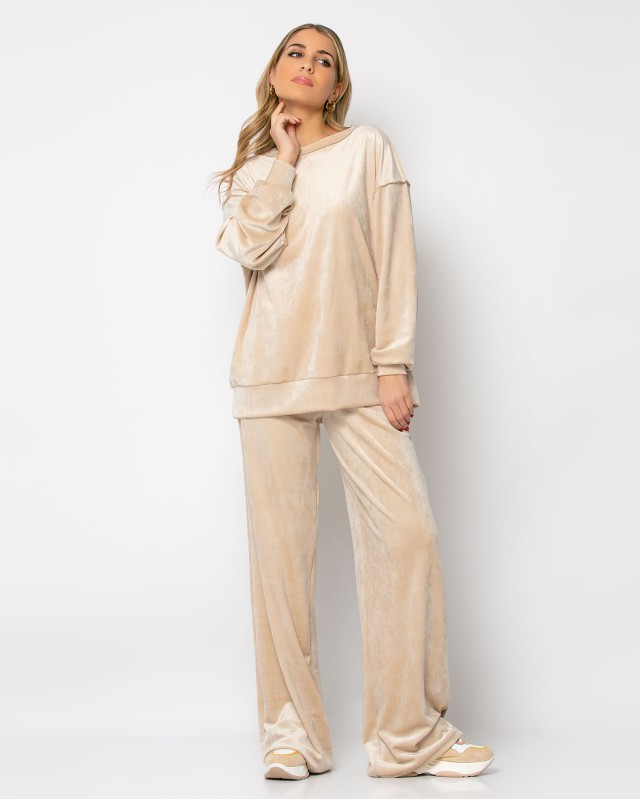 Σετ μπλούζα βελουτέ με εξωτερικές ραφές - παντελόνι βελουτέ ψηλόμεσο μπεζ