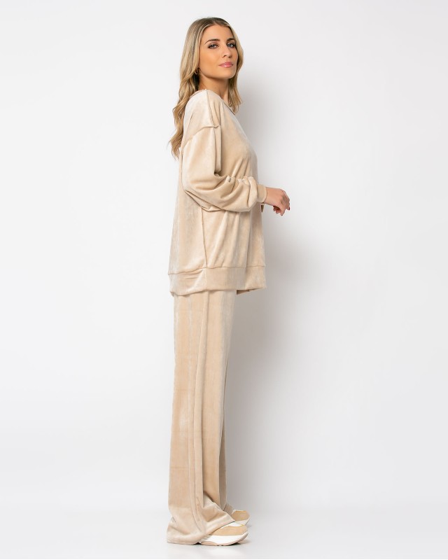 Σετ μπλούζα βελουτέ με εξωτερικές ραφές - παντελόνι βελουτέ ψηλόμεσο μπεζ