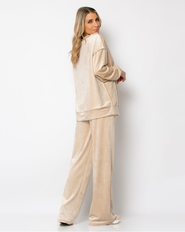 Σετ μπλούζα βελουτέ με εξωτερικές ραφές - παντελόνι βελουτέ ψηλόμεσο μπεζ