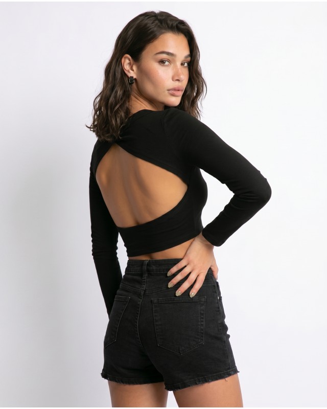 Μπλούζα crop top μακρυμάνικη με άνοιγμα στην πλάτη μαύρο