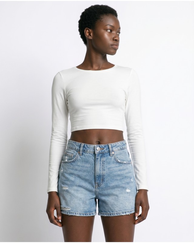 Μπλούζα crop top μακρυμάνικη με άνοιγμα στην πλάτη εκρού